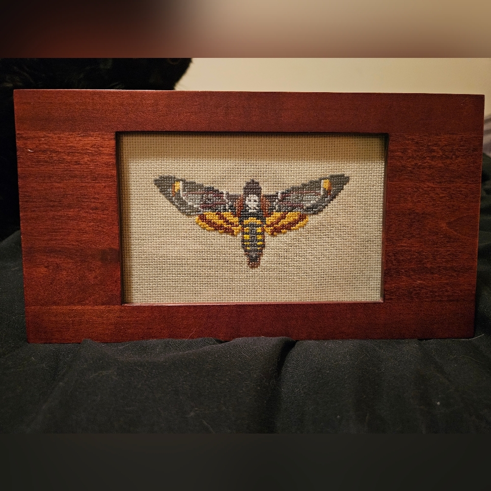 HANDMADE Cross Stitch Death's Head Moth Faux Taxidermy Spooky Insect - Picture 2 of 5